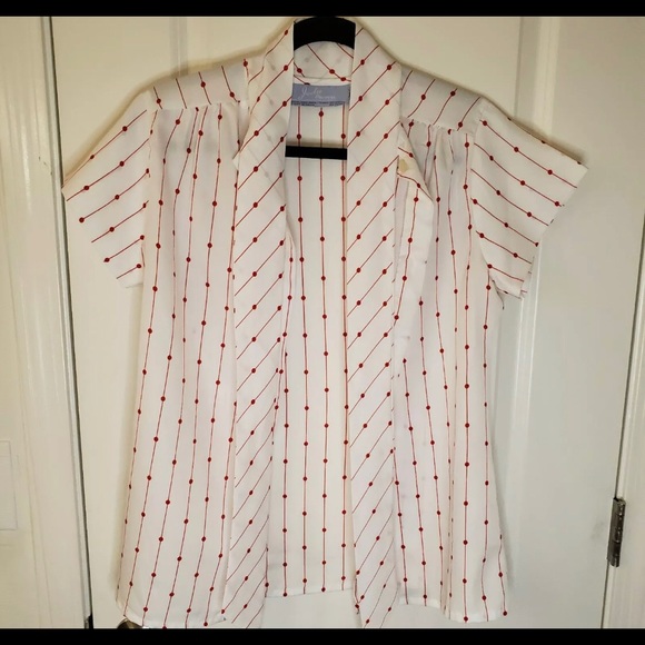 Vintage 70's/80's red dot striped white short sleeve blouse with bow neckline - Picture 2 of 6